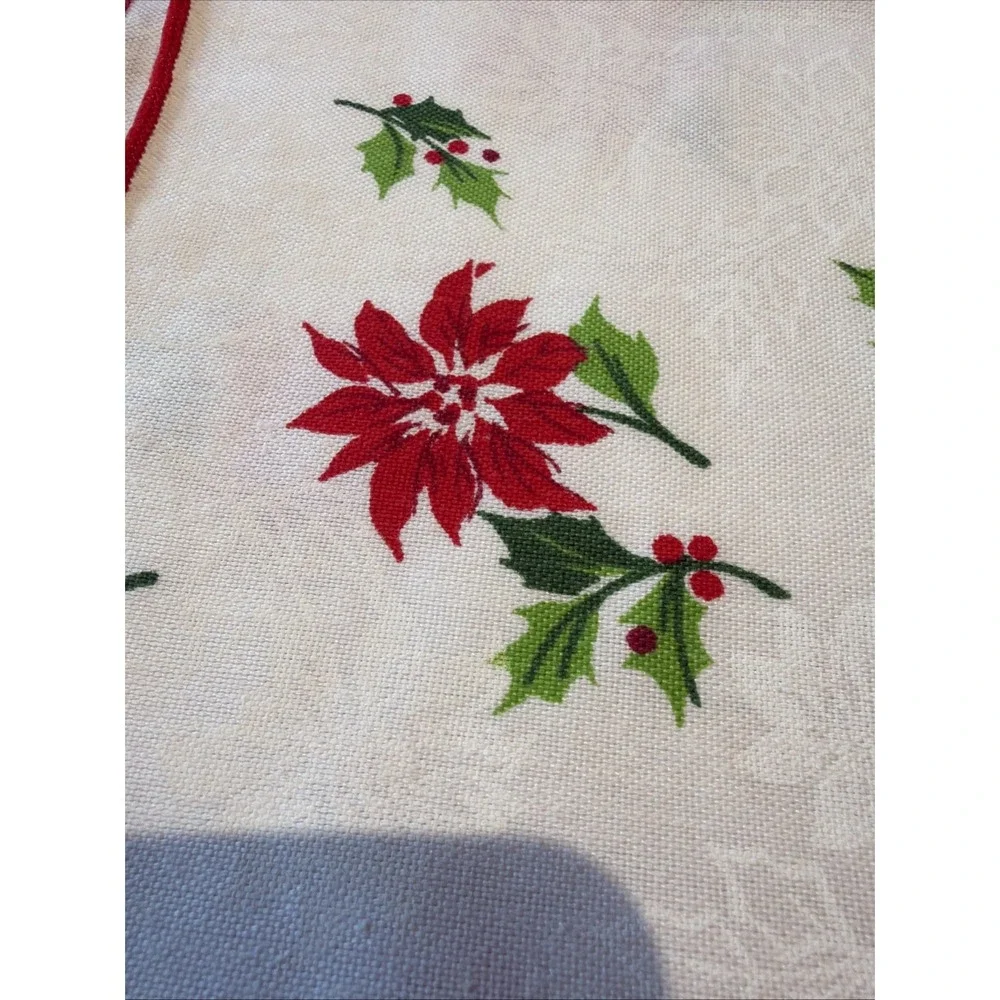 Vtg Christmas Poinsettia Table Runner Red Green On White 70